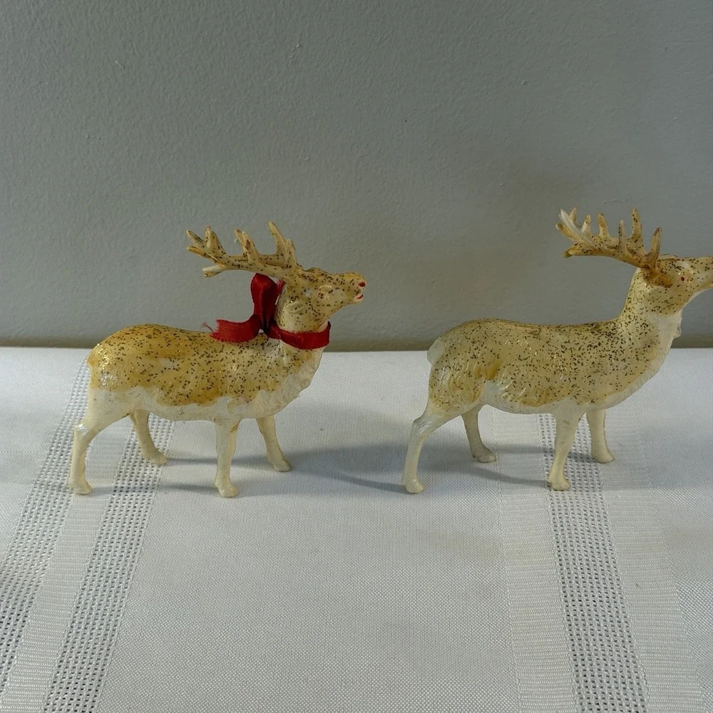 2 Thin Celluloid 1950's Reindeers Japan Christmas Figurine 3.5